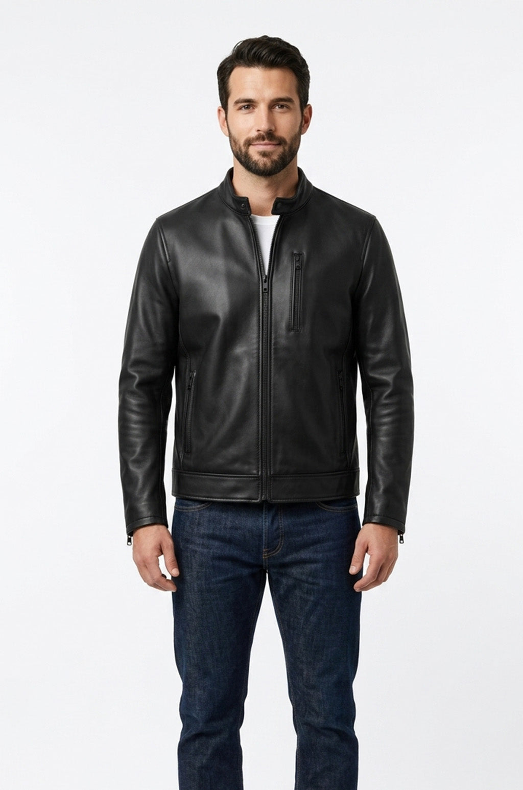 M00102 Men's Premium Black Genuine Leather Jacket – Classic Stand Collar Zip-Up