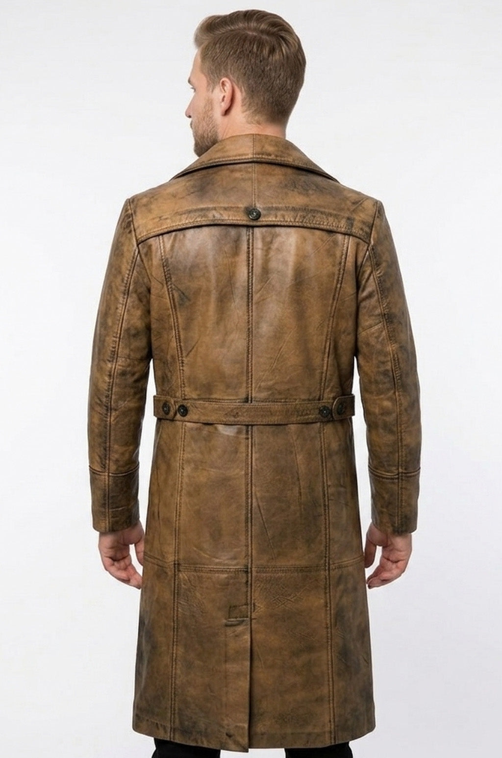 Men's Leather Trench Coat Long Jacket Vintage Distressed C015 Brown Coat