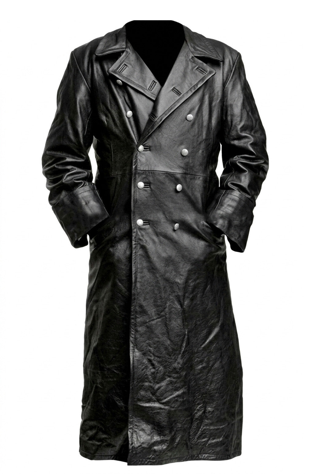C004: Black German Army Classic Trench Genuine Jacket Real Leather Military Men's Fashion Coat