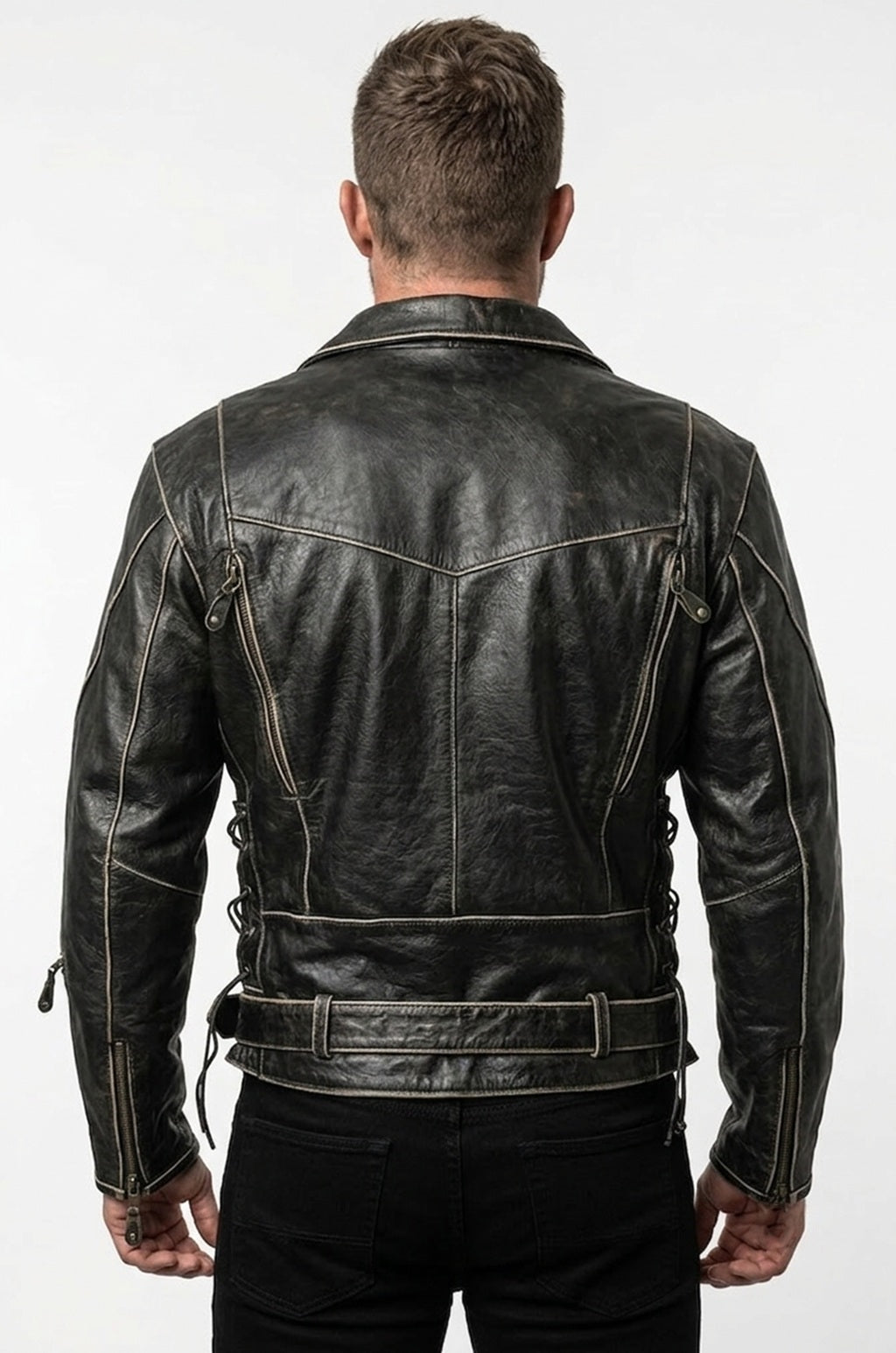 MMJ14 Bike Wear Terminator Fashion Black Motorcycle Real Leather Jacket For Men