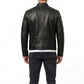 M00104 Men’s Black Real Leather Jacket with White Piping – Stand Collar Zip-Up Motorcycle Jacket