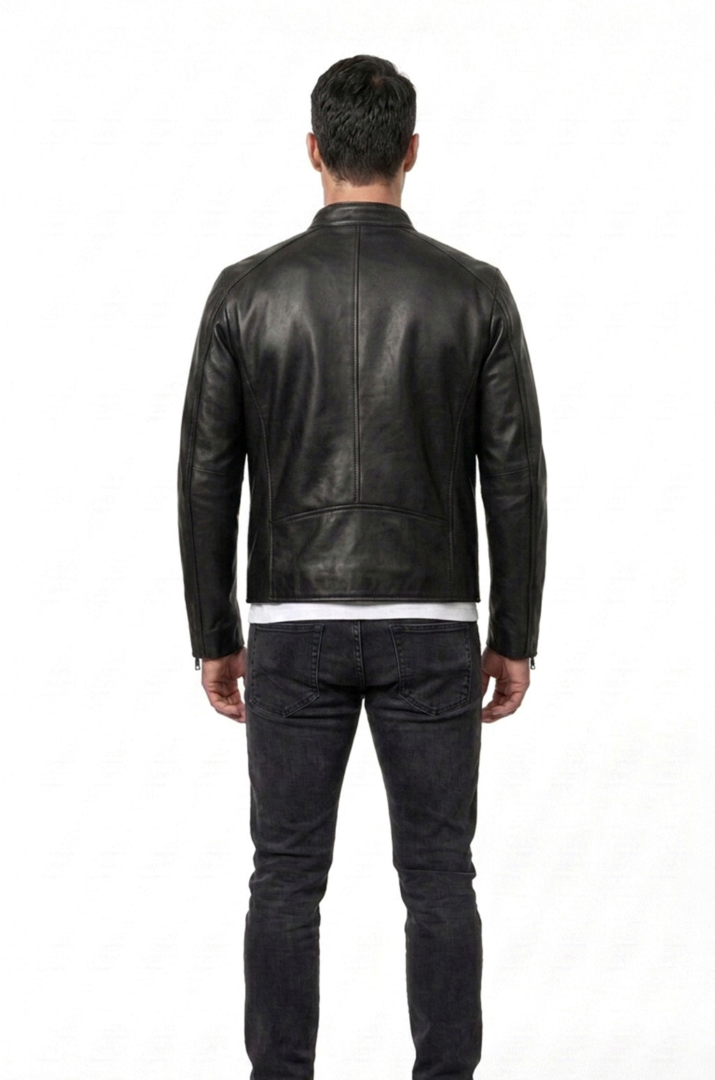 M00104 Men’s Black Real Leather Jacket with White Piping – Stand Collar Zip-Up Motorcycle Jacket