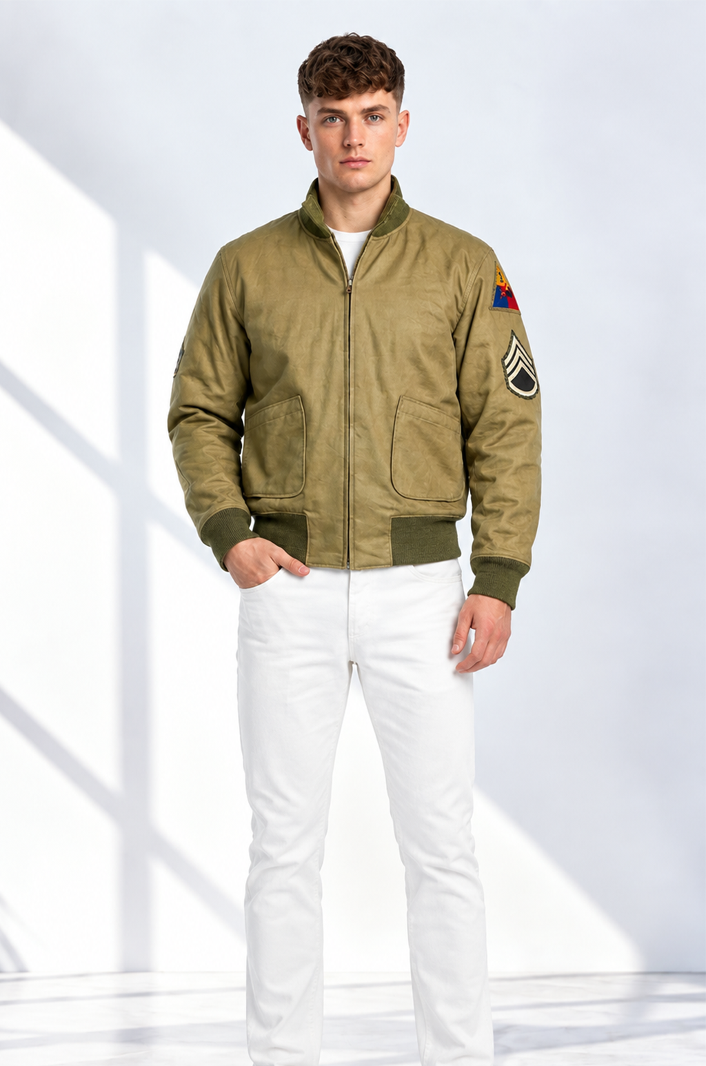 MCJ01 Fury Brad Pitt Tanker Style WWII US Military Khaki Real Cotton Jacket For Men's
