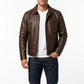 M00103 Men's Premium Brown Genuine Leather Jacket – Classic Zip-Up Shirt Collar