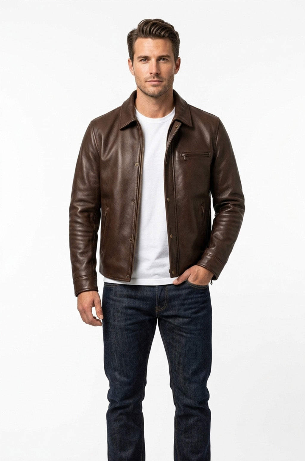 M00103 Men's Premium Brown Genuine Leather Jacket – Classic Zip-Up Shirt Collar