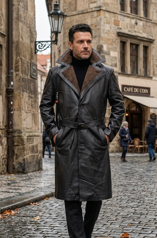 C006 German WW2 Brown Belted Fur Lapel Trench Long Blade Runner Men's Coat