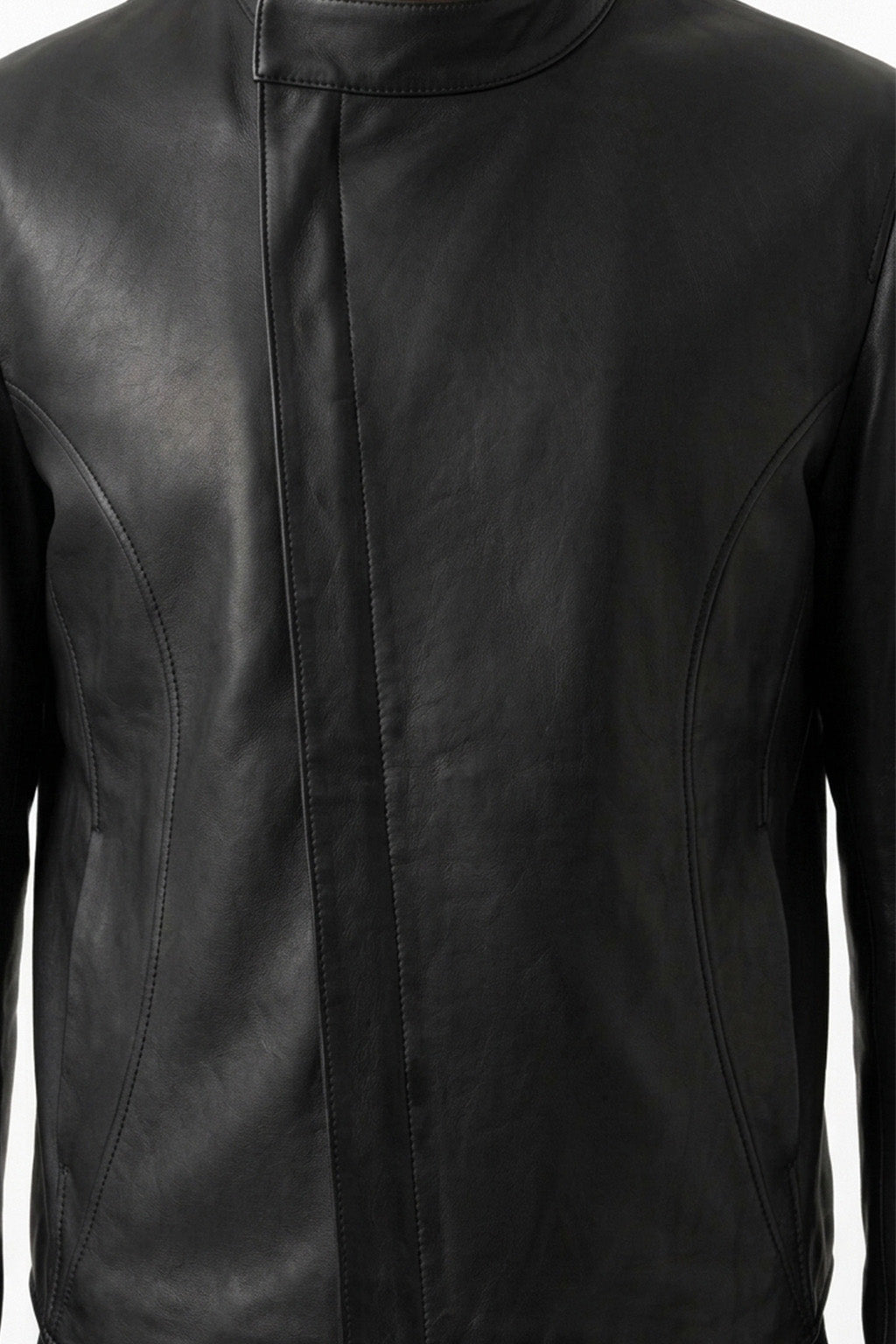 M00105 Men’s Black Real Leather Stand Collar Jacket – Full-Zip Casual Biker Style Jacket