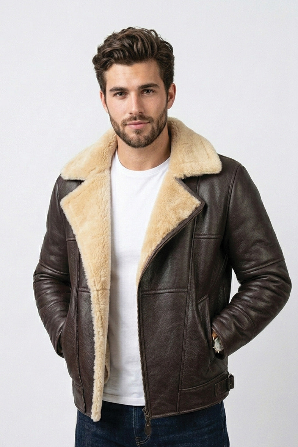 B007 New Men's Real Leather & Fur Bomber Brown Cross Army Style Wear Jacket