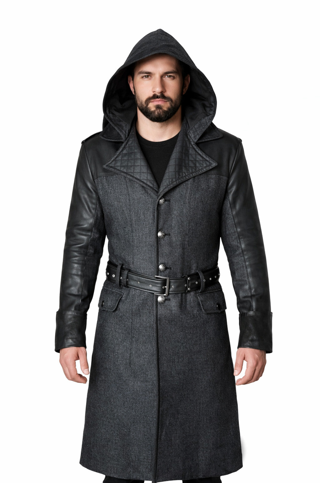 C003 Assassins Creed Syndicate Jacob Frye Men's Black Qualited Real Leather Coat