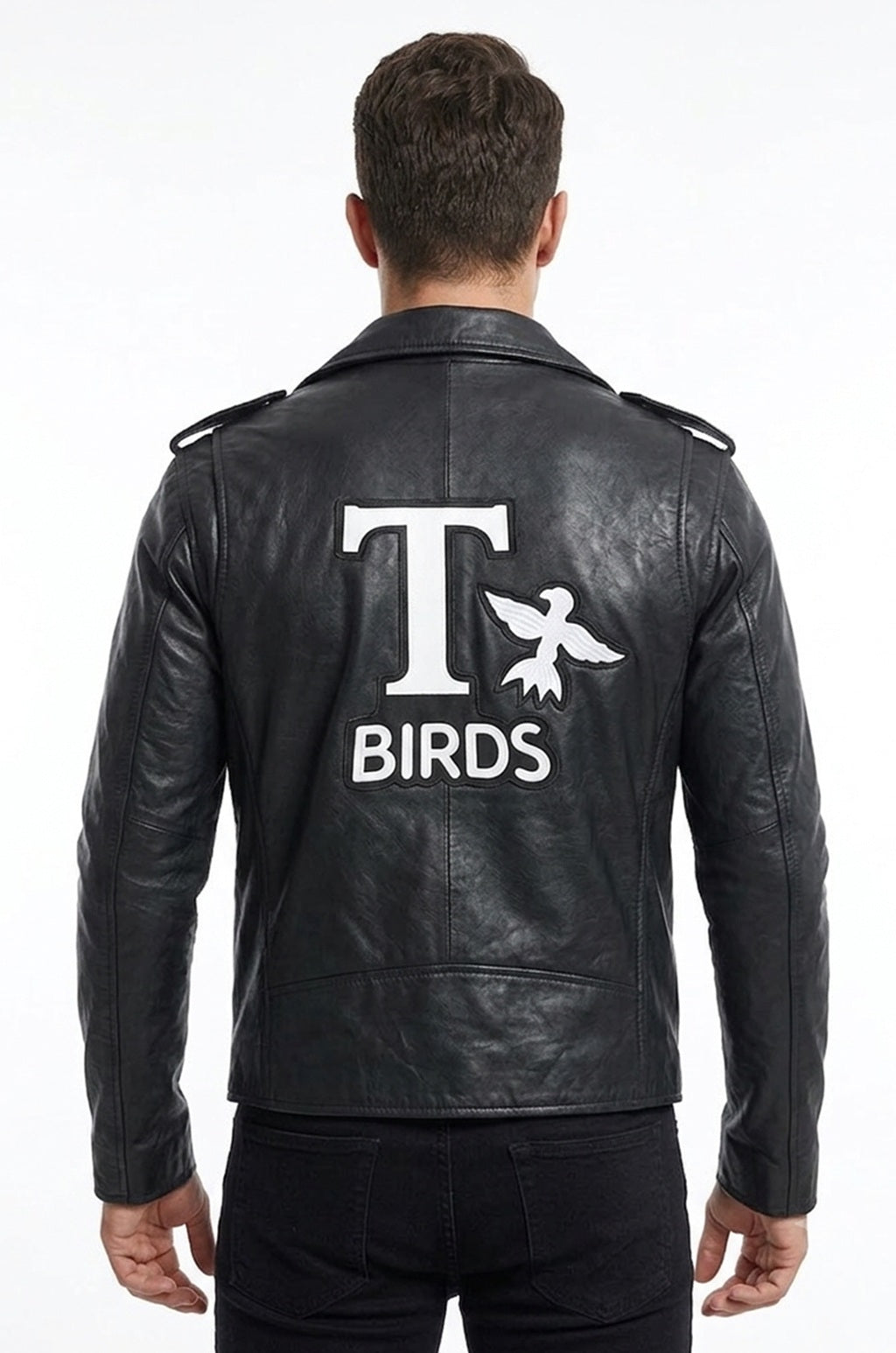 MMJ19 Men's Grease 2 John Travolta T Birds Black Real Leather Biker Jacket