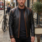 M00101 Men's Premium Genuine Leather Jacket – Black & Brown Two-Tone Stand Collar Zip-Up