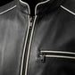 M00104 Men’s Black Real Leather Jacket with White Piping – Stand Collar Zip-Up Motorcycle Jacket