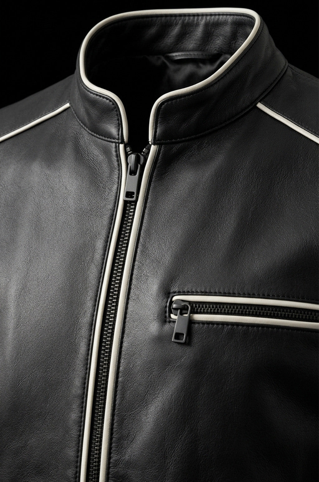 M00104 Men’s Black Real Leather Jacket with White Piping – Stand Collar Zip-Up Motorcycle Jacket