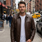 M00103 Men's Premium Brown Genuine Leather Jacket – Classic Zip-Up Shirt Collar