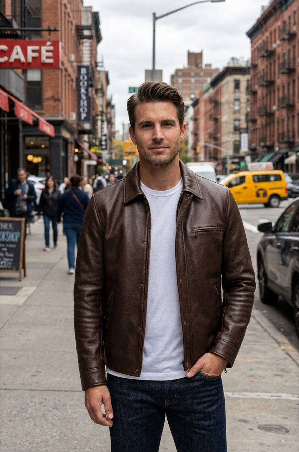 M00103 Men's Premium Brown Genuine Leather Jacket – Classic Zip-Up Shirt Collar