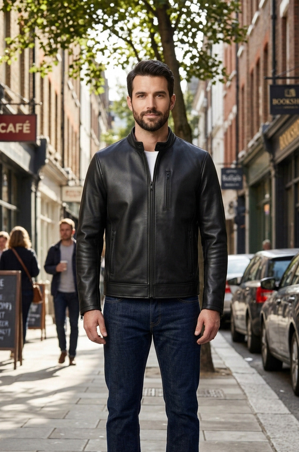 M00102 Men's Premium Black Genuine Leather Jacket – Classic Stand Collar Zip-Up