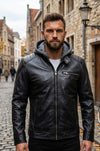 MMJ13 The Dark Knight Hooded Gotham Outlaw Batman Justice League Leather Jacket For Men