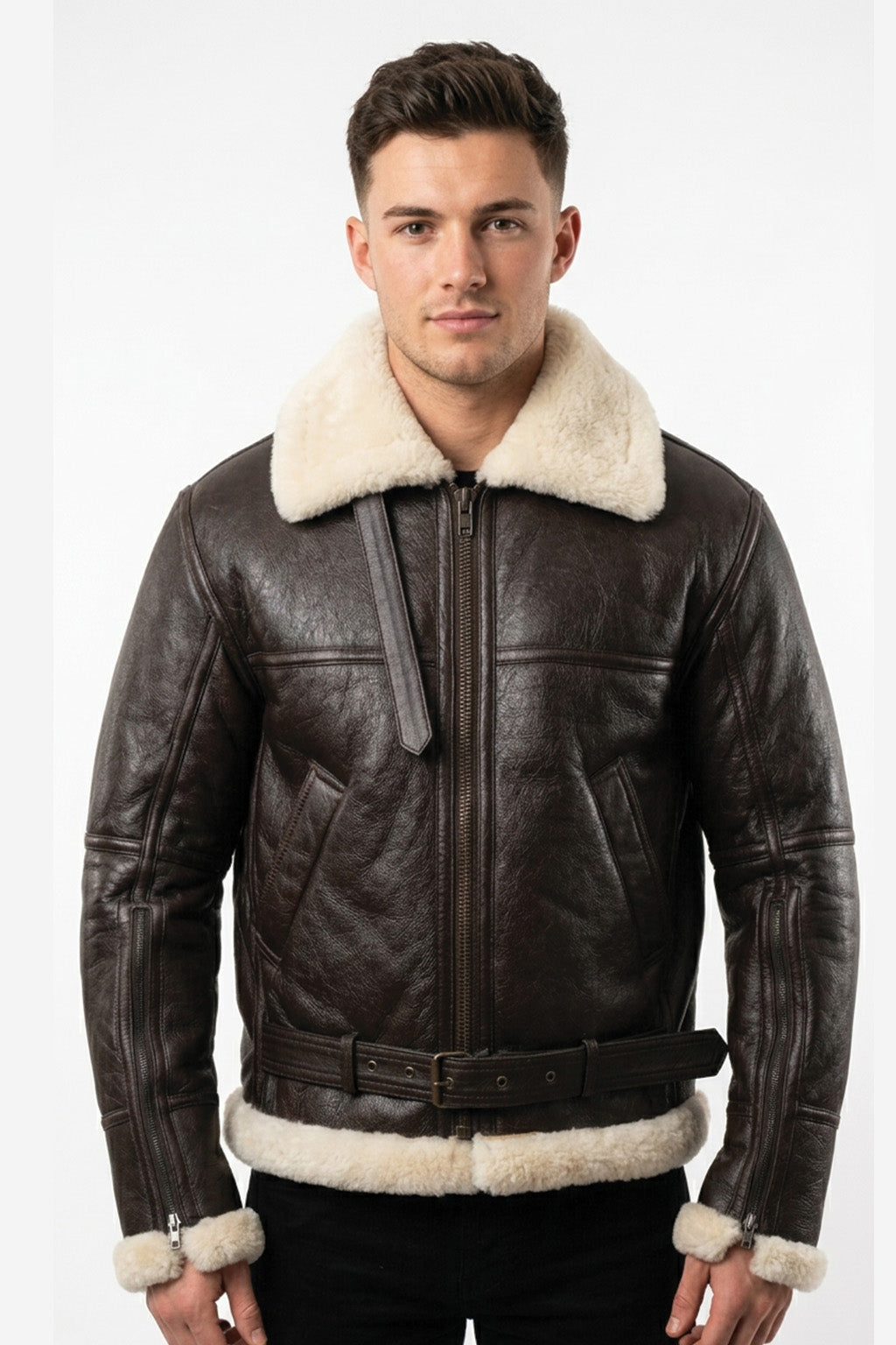 B025 Men's RAF Flying Aviator Real Shearling Fur Bomber Brown Winter Leather Jacket