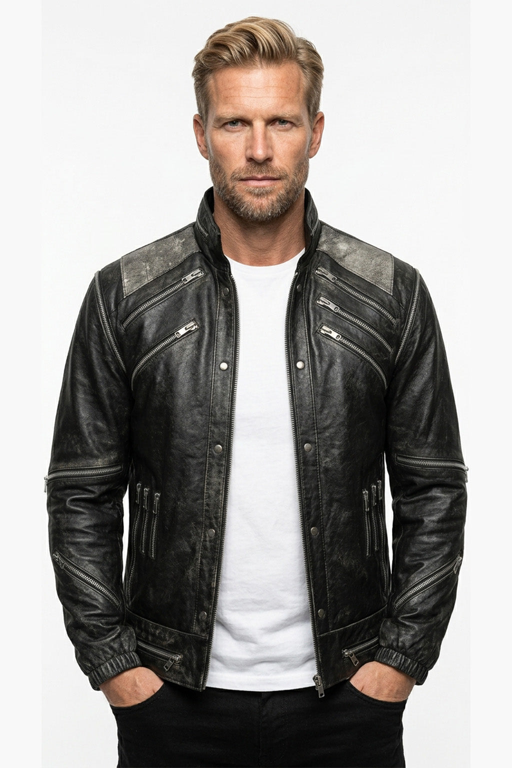 MMJ10 Leather Madness Michael Jackson Beat It Black Genuine Leather Jacket