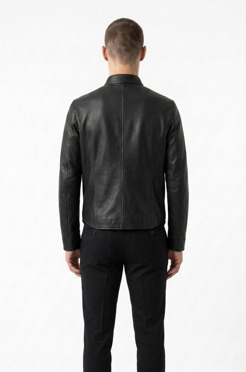 M00105 Men’s Black Real Leather Stand Collar Jacket – Full-Zip Casual Biker Style Jacket