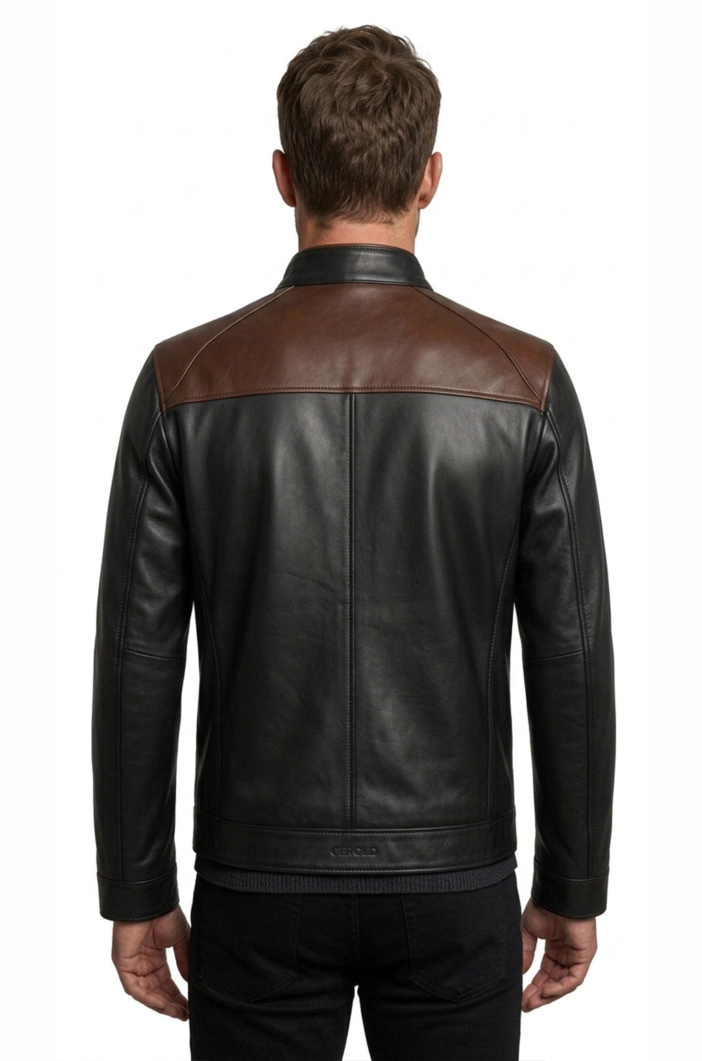 M00101 Men's Premium Genuine Leather Jacket – Black & Brown Two-Tone Stand Collar Zip-Up