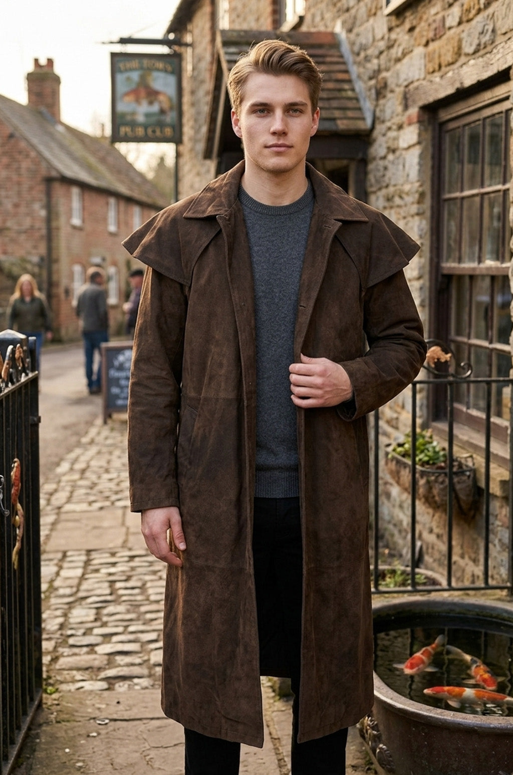 C014 A7 Vegas Ten Brown Genuine Suede Leather Real Jacket Trench Coat For Men Classic