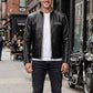 M00104 Men’s Black Real Leather Jacket with White Piping – Stand Collar Zip-Up Motorcycle Jacket