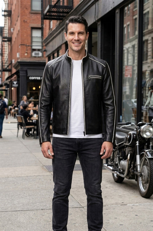 M00104 Men’s Black Real Leather Jacket with White Piping – Stand Collar Zip-Up Motorcycle Jacket