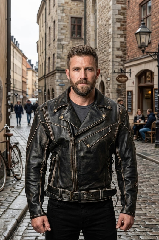 MMJ14 Bike Wear Terminator Fashion Black Motorcycle Real Leather Jacket For Men