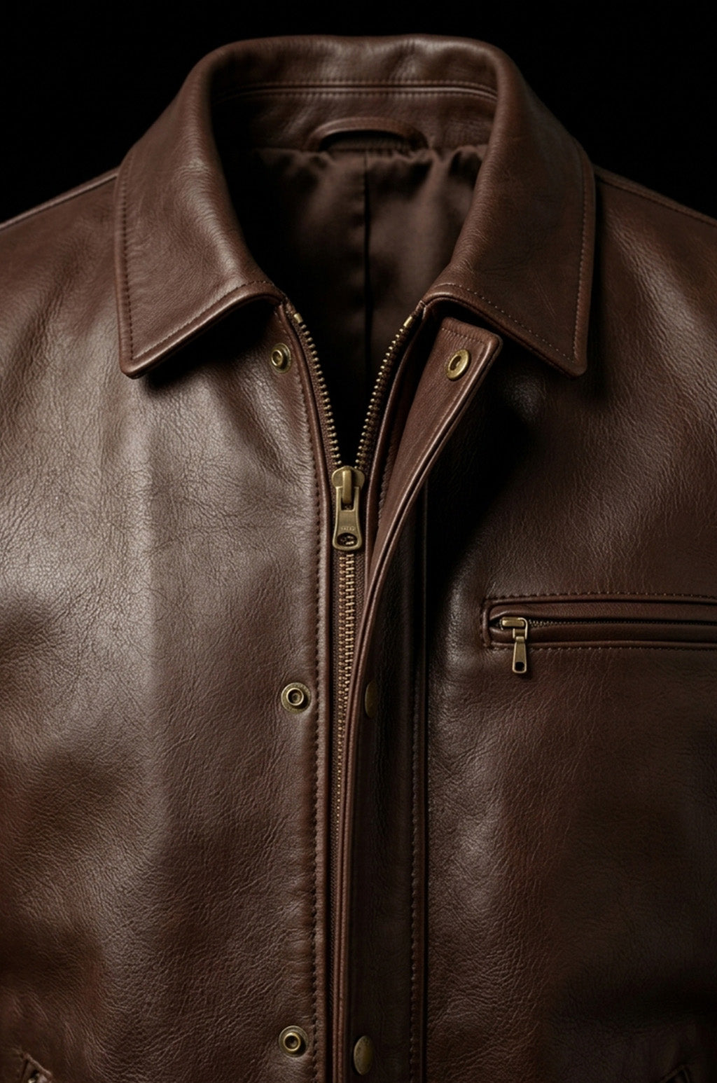 M00103 Men's Premium Brown Genuine Leather Jacket – Classic Zip-Up Shirt Collar