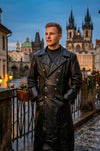 C004: Black German Army Classic Trench Genuine Jacket Real Leather Military Men's Fashion Coat