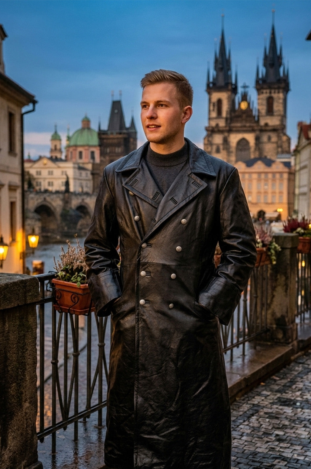 C004: Black German Army Classic Trench Genuine Jacket Real Leather Military Men's Fashion Coat