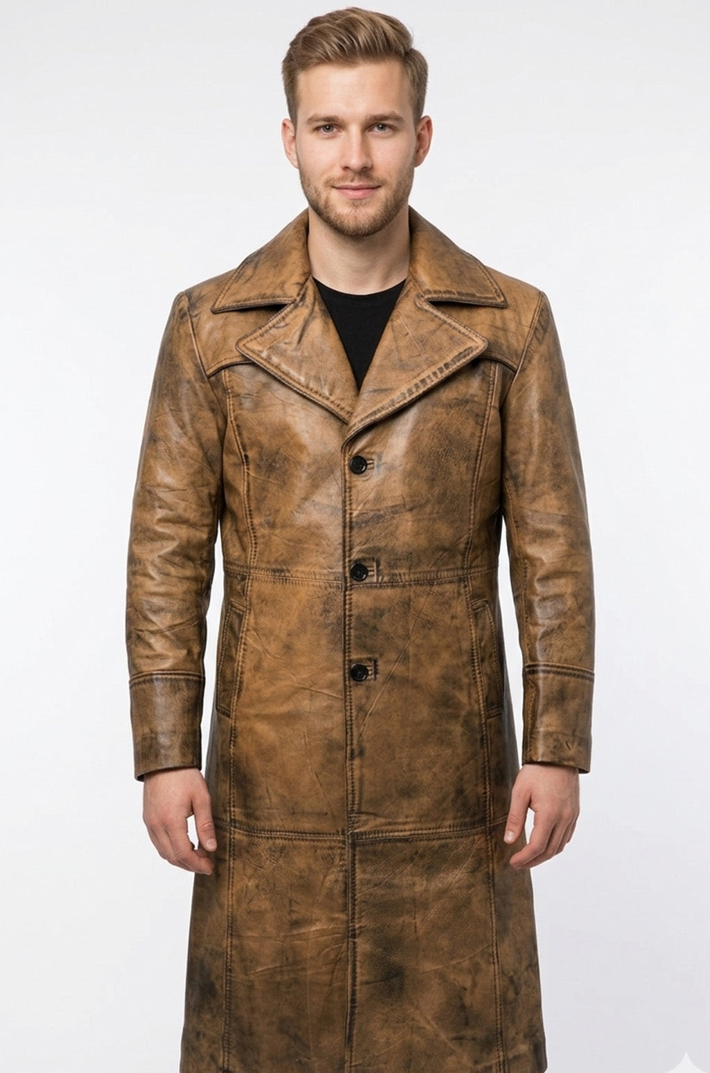 Men's Leather Trench Coat Long Jacket Vintage Distressed C015 Brown Coat