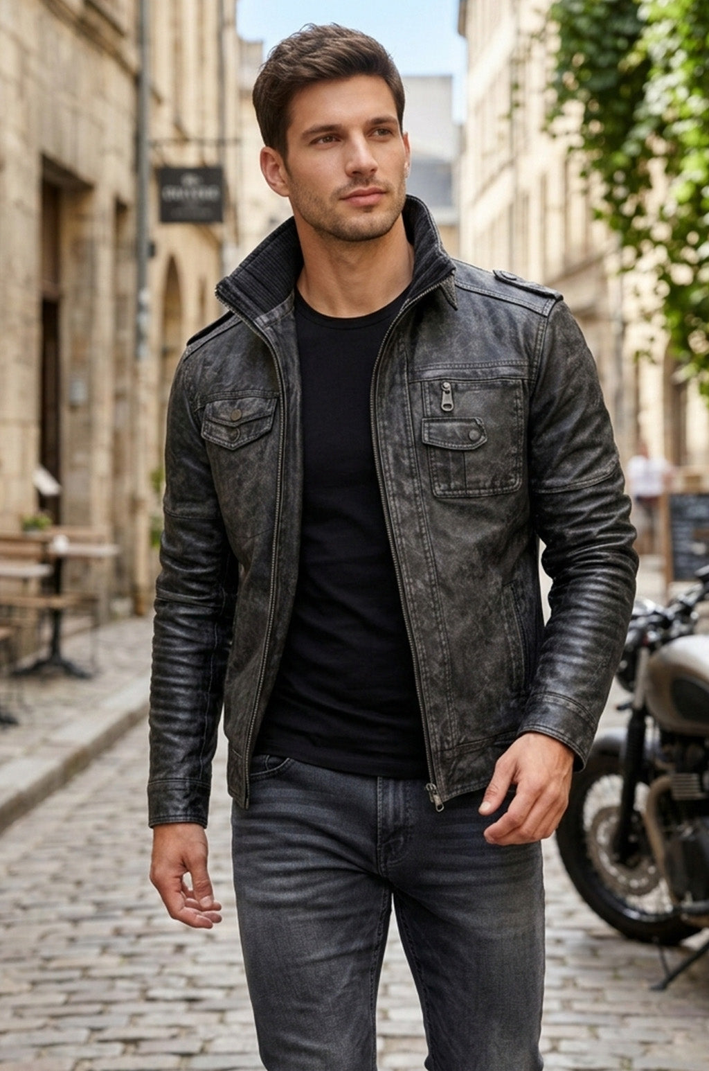 Men Vintage Black Classic Distress Wax Motorcycle Real Leather Biker Jacket