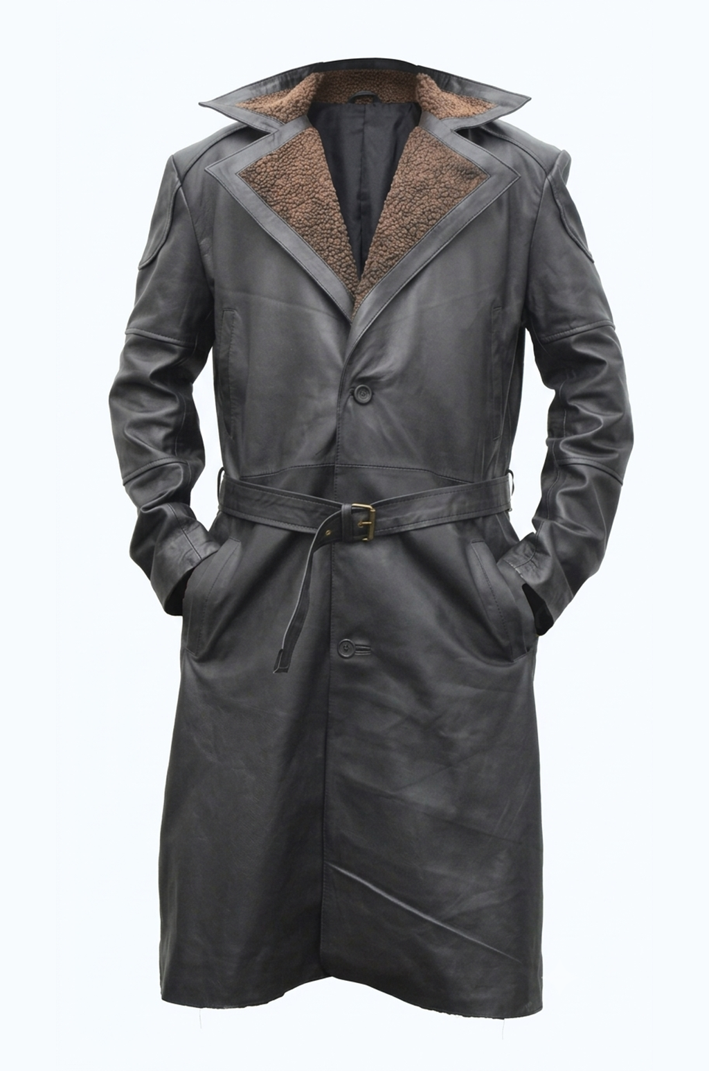 C006 German WW2 Brown Belted Fur Lapel Trench Long Blade Runner Men's Coat