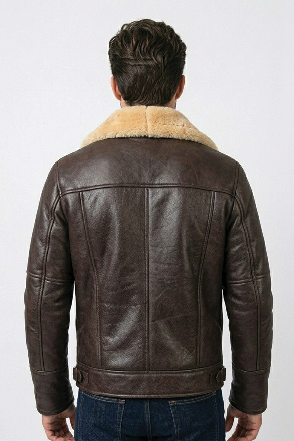 B007 New Men's Real Leather & Fur Bomber Brown Cross Army Style Wear Jacket