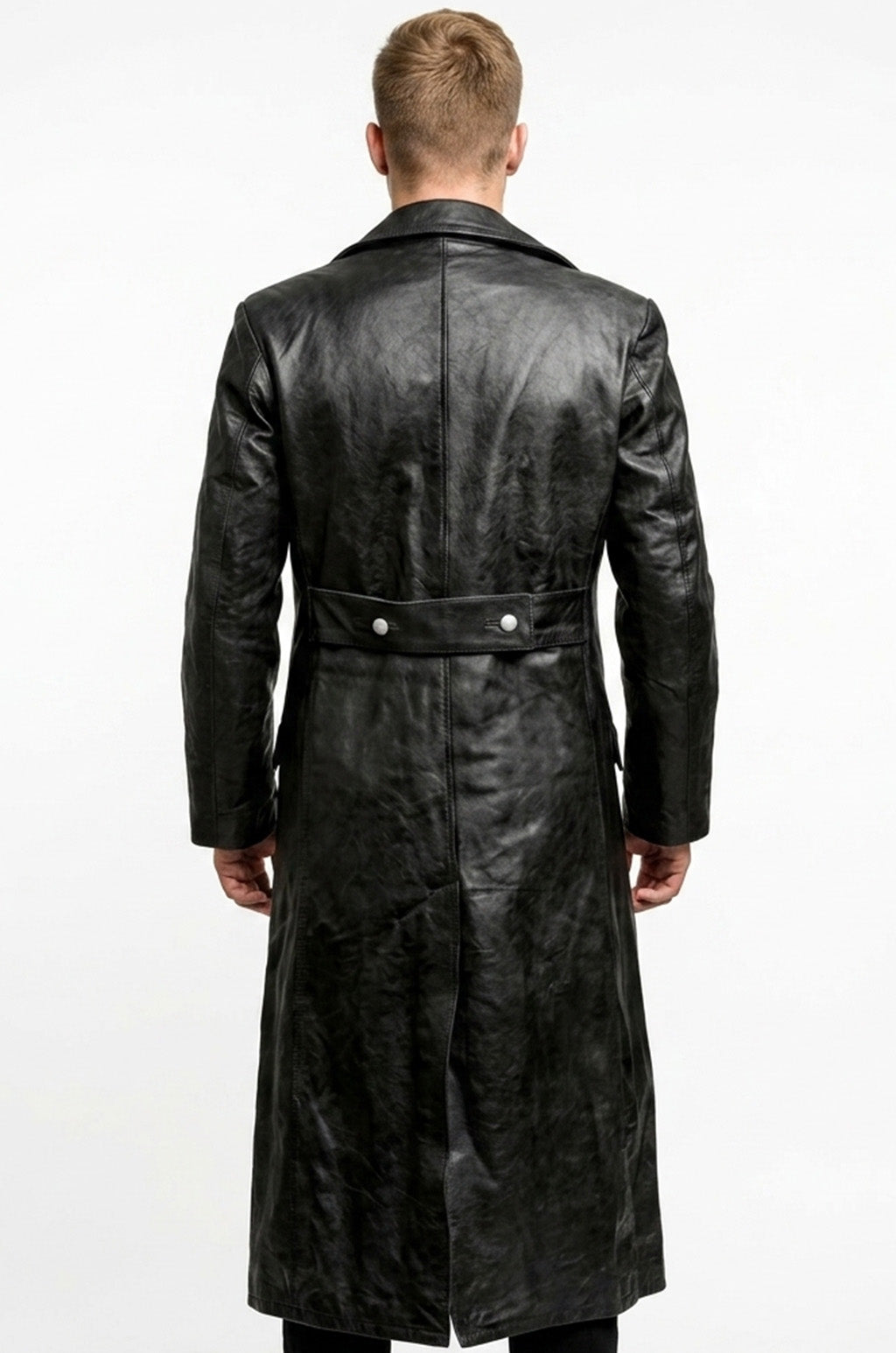 C004: Black German Army Classic Trench Genuine Jacket Real Leather