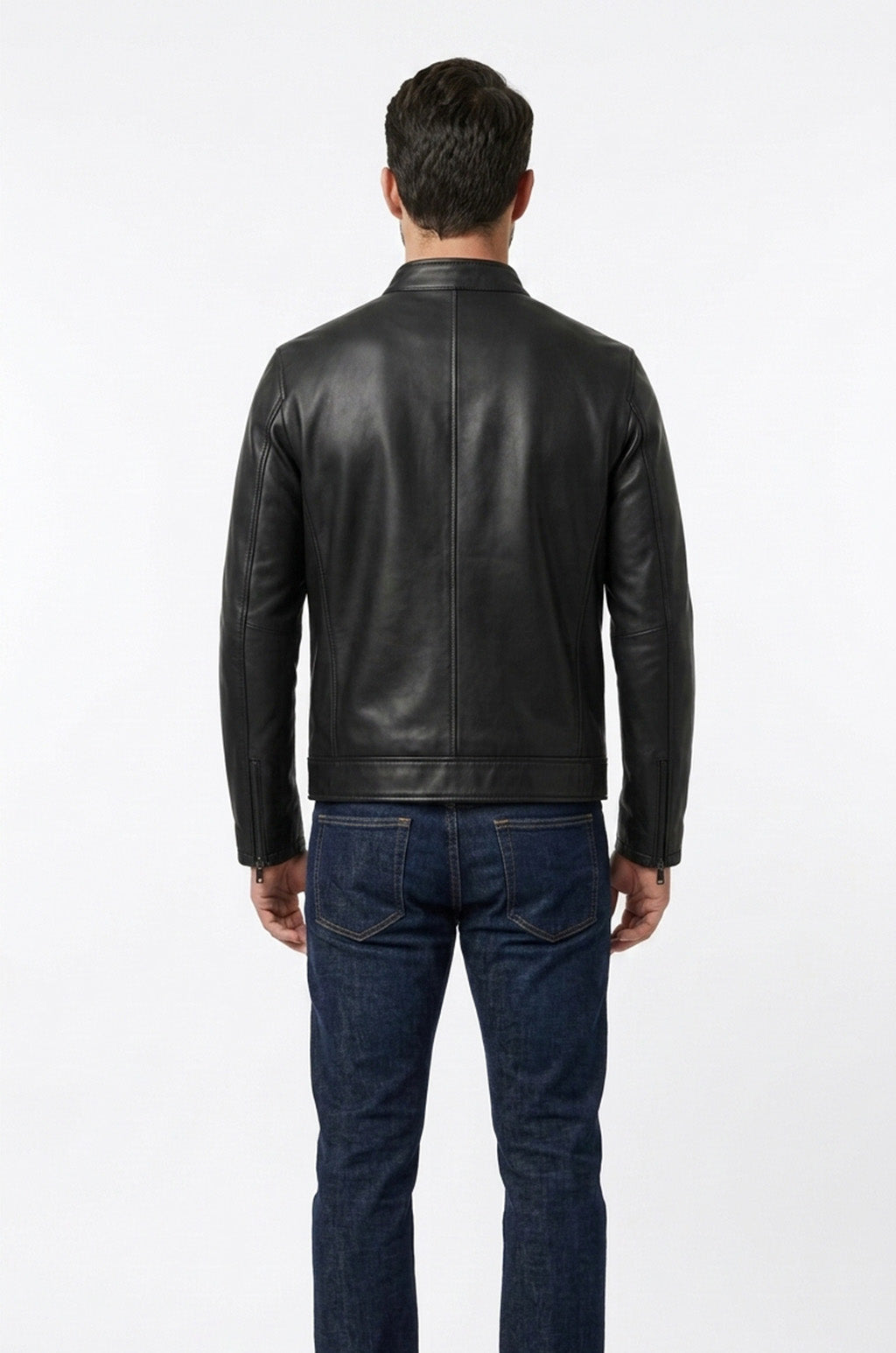 M00102 Men's Premium Black Genuine Leather Jacket – Classic Stand Collar Zip-Up