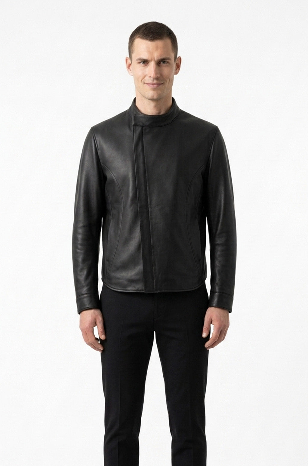 M00105 Men’s Black Real Leather Stand Collar Jacket – Full-Zip Casual Biker Style Jacket