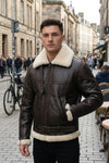B025 Men's RAF Flying Aviator Real Shearling Fur Bomber Brown Winter Leather Jacket