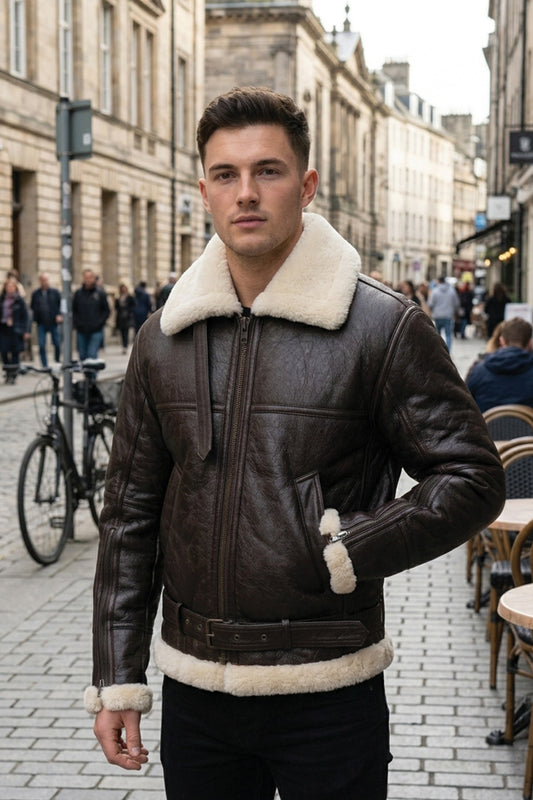 B025 Men's RAF Flying Aviator Real Shearling Fur Bomber Brown Winter Leather Jacket