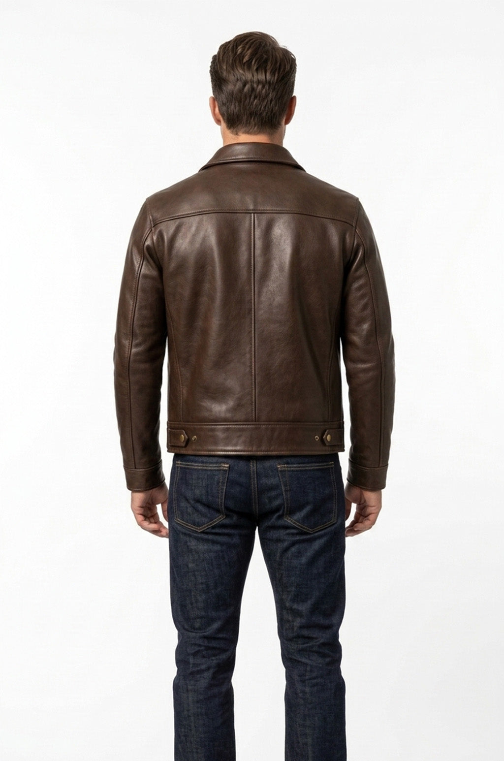 M00103 Men's Premium Brown Genuine Leather Jacket – Classic Zip-Up Shirt Collar