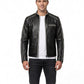 M00104 Men’s Black Real Leather Jacket with White Piping – Stand Collar Zip-Up Motorcycle Jacket