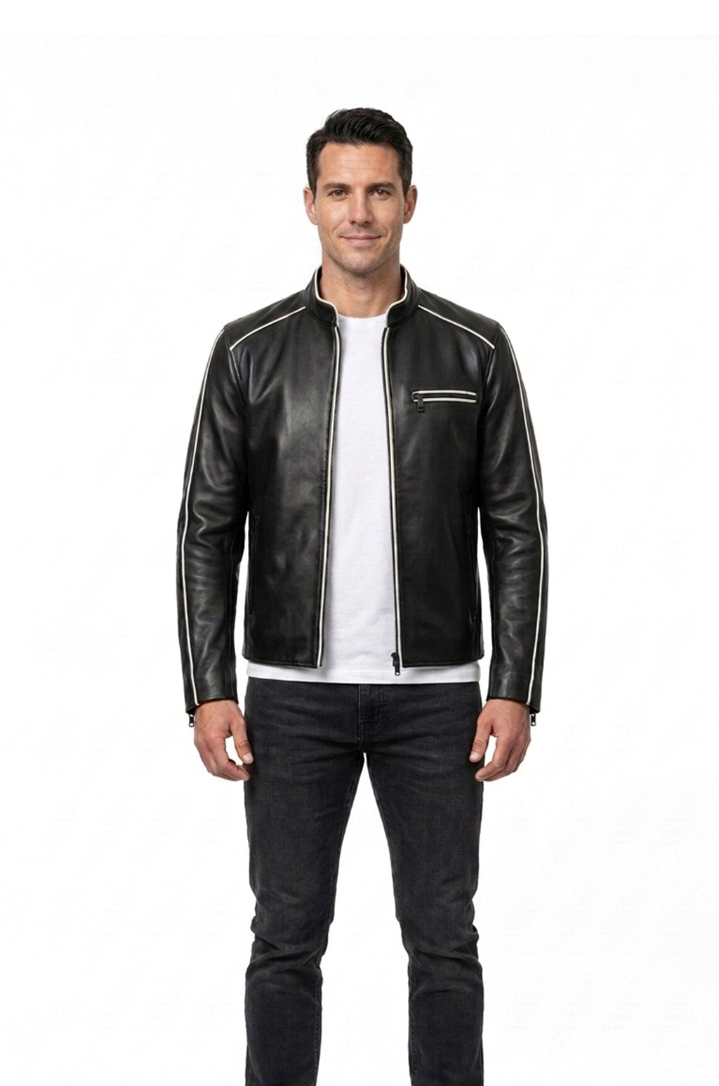 M00104 Men’s Black Real Leather Jacket with White Piping – Stand Collar Zip-Up Motorcycle Jacket