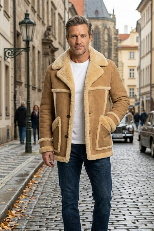 Men's Winter Luxe Real Shearling Coat – Warmth Meets Classic Biker Rugged Army Style Jacket