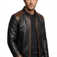 M00101 Men's Premium Genuine Leather Jacket – Black & Brown Two-Tone Stand Collar Zip-Up
