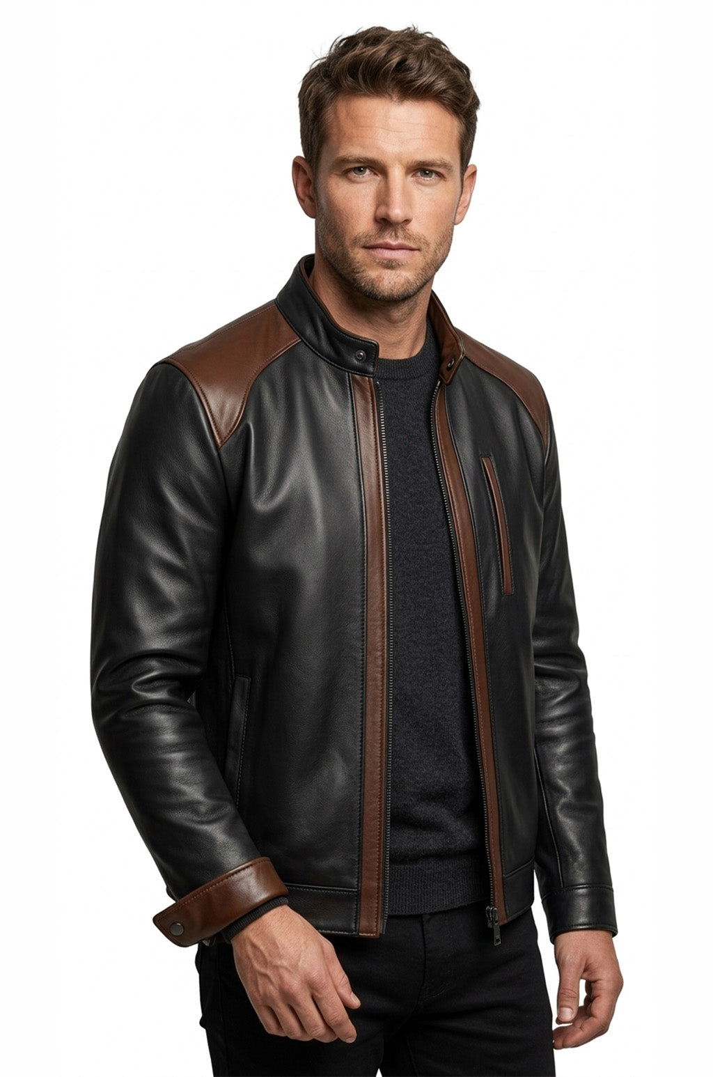 M00101 Men's Premium Genuine Leather Jacket – Black & Brown Two-Tone Stand Collar Zip-Up