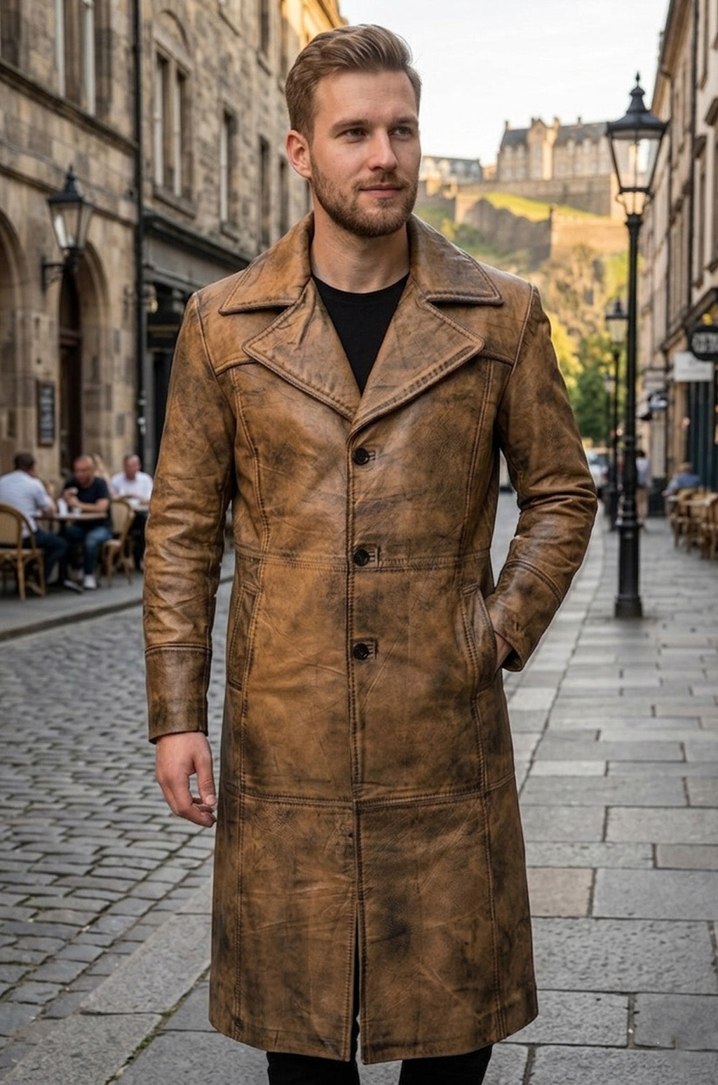 Men's Leather Trench Coat Long Jacket Vintage Distressed C015 Brown Coat