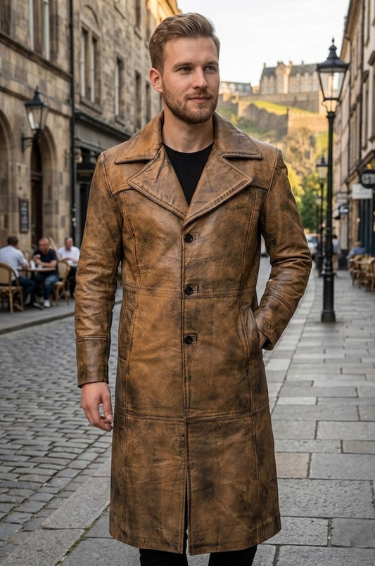 Men's Leather Trench Coat Long Jacket Vintage Distressed C015 Brown Coat