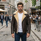 B007 New Men's Real Leather & Fur Bomber Brown Cross Army Style Wear Jacket